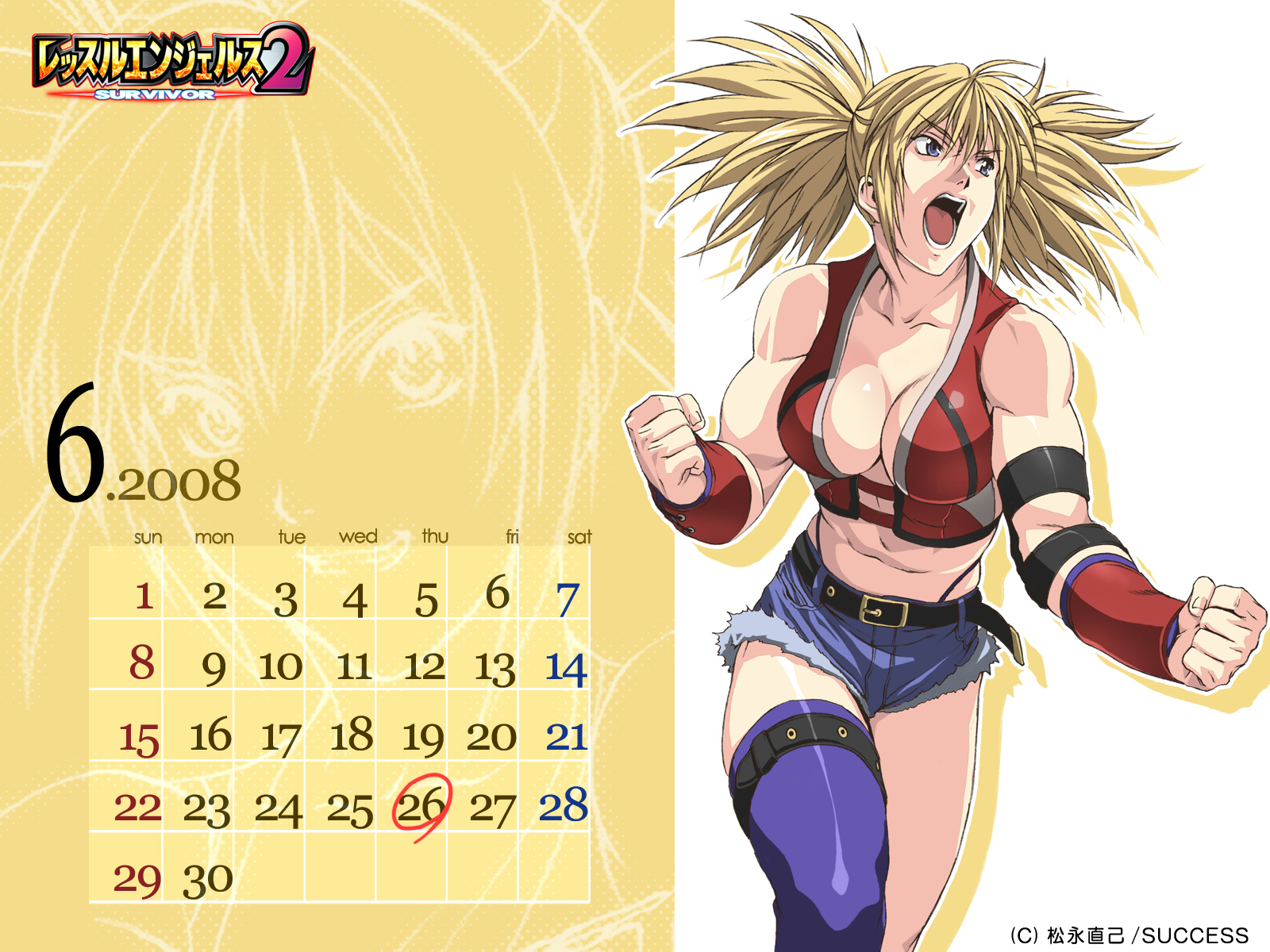 homare (fool's art), remy dadarne, wrestle angels, wrestle angels survivor, wrestle angels survivor 2, highres, 1girl, asymmetrical clothes, belt, blonde hair, blue eyes, breasts, calendar, cleavage, denim, denim shorts, elbow pads, female focus, midriff, muscular, muscular female, open mouth, shorts, single thighhigh, solo, strap, thighhighs, twintails, vest