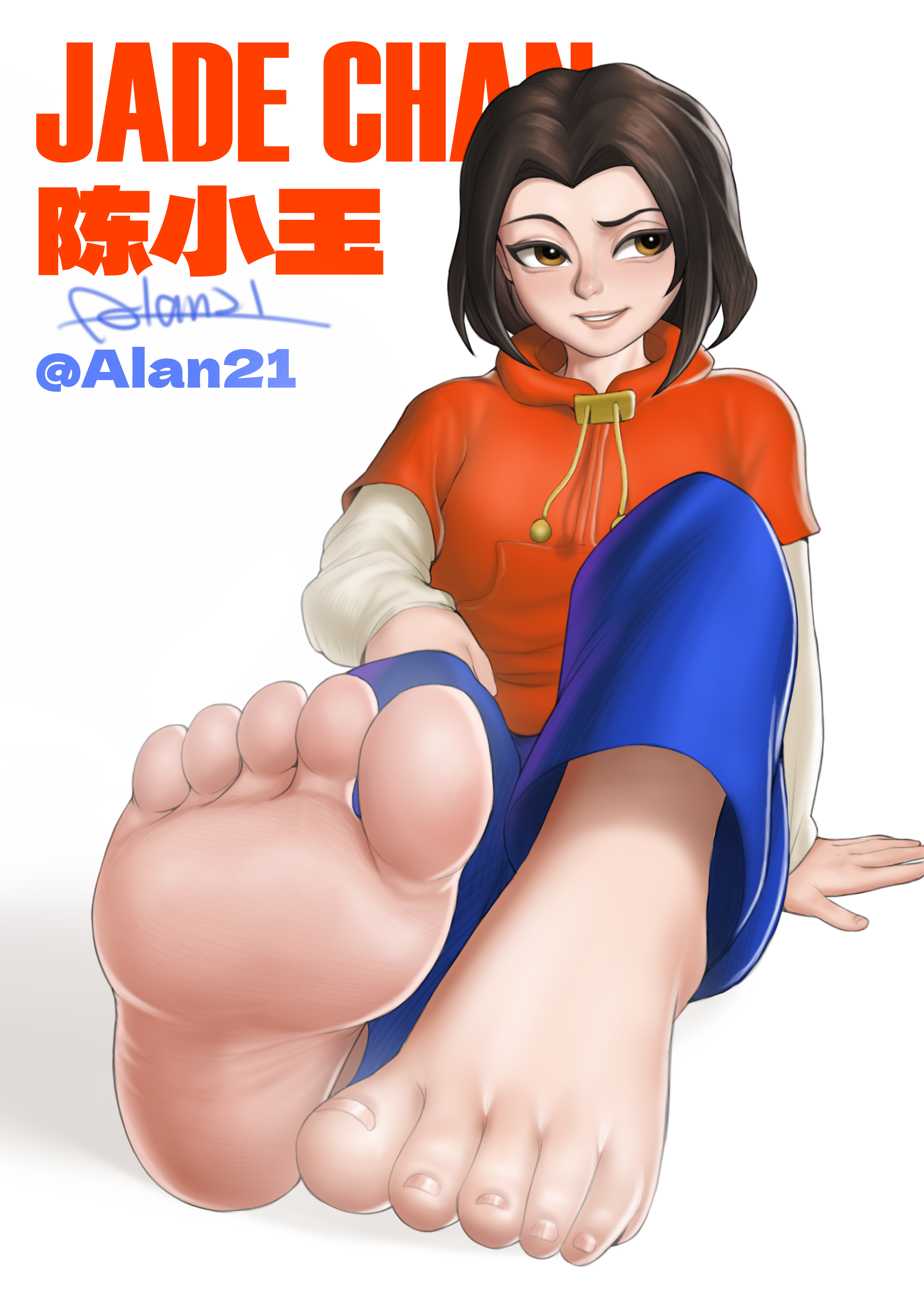 alan21, absurdres, highres, 1girl, artist name, barefoot, brown eyes, brown hair, feet, foot focus, foreshortening, hood, hoodie, long sleeves, pants, presenting foot, short hair, simple background, sitting, smile, soles, solo, toenails, toes, twitter username, white background