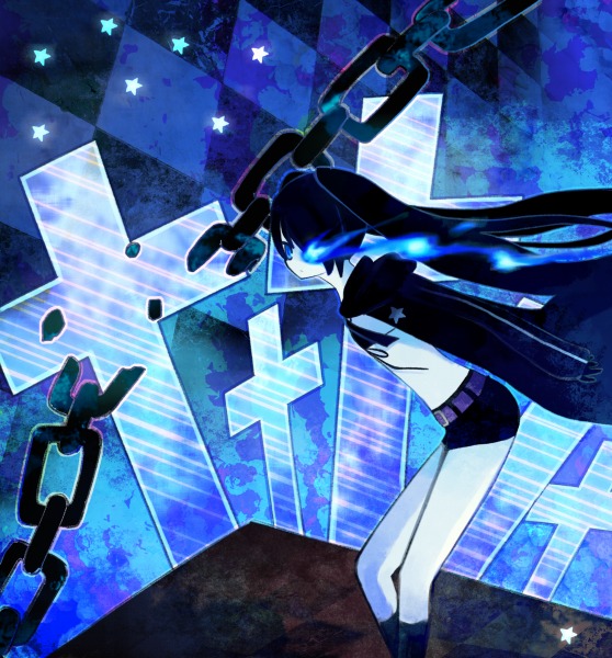 koucha, yoshitomo (koucha), black rock shooter (character), hatsune miku, black rock shooter, vocaloid, bad id, bad pixiv id, 10s, 1girl, belt, bikini, bikini top only, black bikini, black hair, blue eyes, blue theme, boots, chain, coat, cross, female focus, flat chest, front-tie top, gloves, glowing, glowing eyes, hood, hooded jacket, jacket, knee boots, latin cross, long hair, midriff, pale skin, short shorts, shorts, solo, star (symbol), swimsuit, twintails, uneven twintails, very long hair, wind