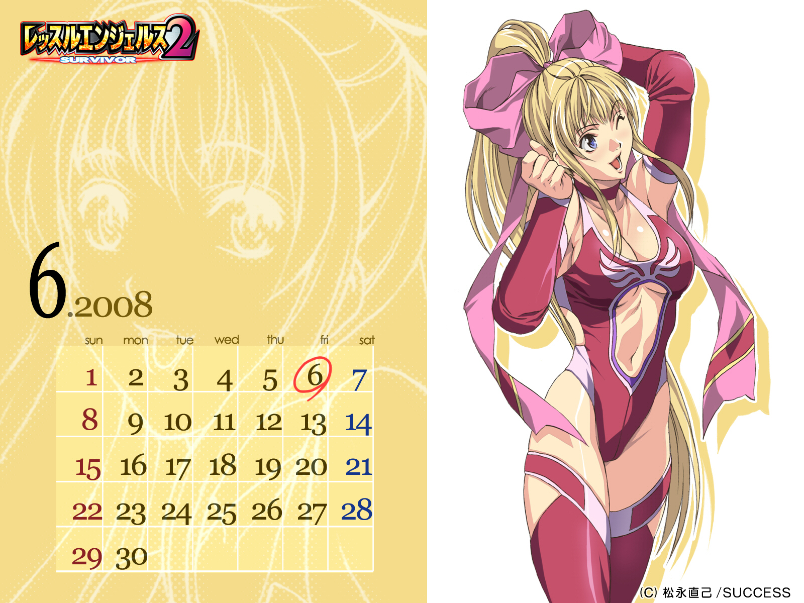 homare (fool's art), anny beach, wrestle angels, wrestle angels survivor, wrestle angels survivor 2, highres, 1girl, armpits, blonde hair, blue eyes, bow, breasts, calendar, choker, cleavage, detached sleeves, female focus, hair bow, happy, large breasts, leotard, long hair, midriff, one eye closed, red leotard, solo, thighhighs, underboob, very long hair, wink