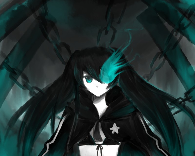 neno, black rock shooter (character), hatsune miku, black rock shooter, vocaloid, bad id, bad pixiv id, 10s, 1girl, bikini, bikini top only, black hair, chain, coat, female focus, flat chest, front-tie top, glowing, glowing eyes, green eyes, hood, hooded jacket, jacket, long hair, midriff, monochrome, pale skin, solo, star (symbol), swimsuit, twintails, uneven twintails, very long hair
