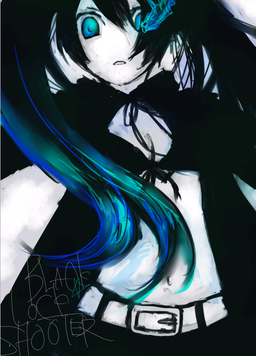 kirin (pixiv), kitte (mint24), black rock shooter (character), hatsune miku, black rock shooter, vocaloid, bad id, bad pixiv id, 10s, 1girl, belt, bikini, bikini top only, black bikini, black hair, blue eyes, chain, coat, female focus, front-tie top, glowing, glowing eye, glowing eyes, green eyes, hood, hooded jacket, jacket, long hair, midriff, multicolored eyes, multicolored hair, navel, pale skin, shorts, solo, star (symbol), swimsuit, twintails, uneven twintails, very long hair