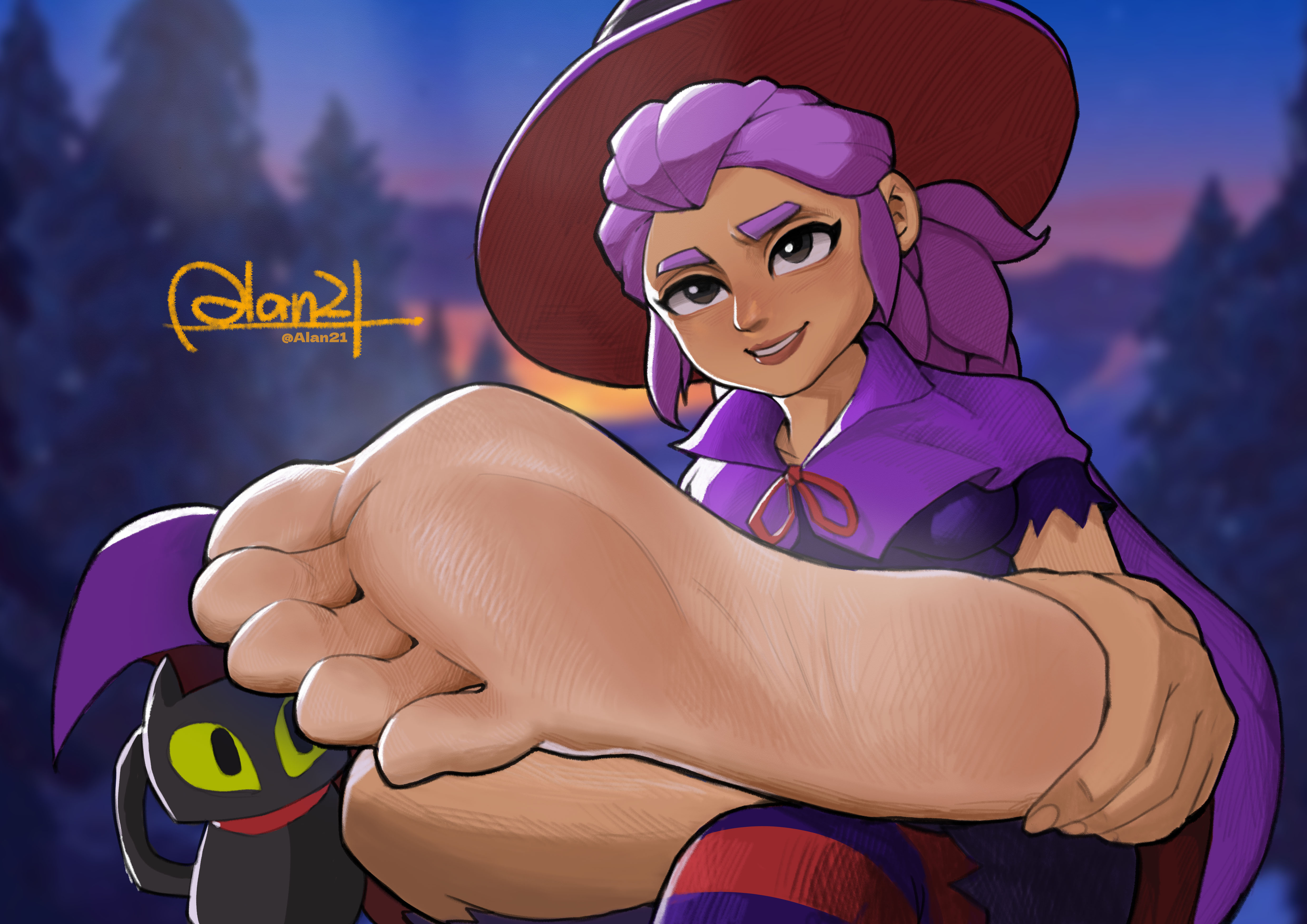 alan21, highres, 1boy, 1girl, 2boys, artist name, barefoot, black cat, black eyes, blurry, blurry background, cape, cat, eyelashes, feet, foot focus, foreshortening, hat, long hair, male focus, multiple boys, open mouth, outdoors, pantyhose, presenting foot, purple cape, purple hair, short sleeves, signature, sky, smell, smile, soles, striped clothes, striped pantyhose, teeth, thick eyebrows, toes, tree, upper teeth only, witch hat