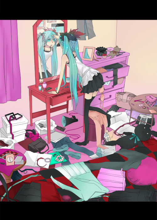gyoniku sausage, nako13, hatsune miku, vocaloid, world is mine (vocaloid), bad id, bad pixiv id, bedroom, casual, chest of drawers, green eyes, green hair, letterboxed, messy room, mirror, solo, table, thighhighs, twintails, underwear drawer, vanity, vanity table