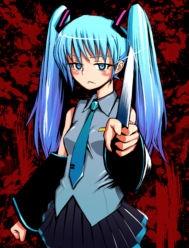 jouyo, hatsune miku, vocaloid, bad id, bad pixiv id, :<, detached sleeves, green eyes, green hair, knife, solo, twintails