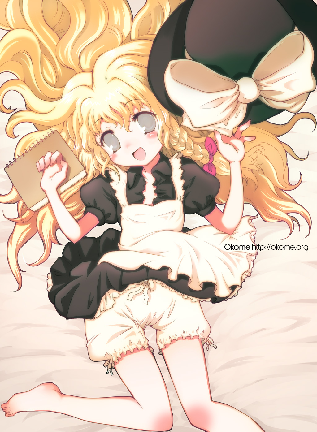 okome (ricecandy), ricecandy, kirisame marisa, touhou, bad id, bad pixiv id, highres, 1girl, barefoot, bed, blonde hair, bloomers, feet, female focus, hat, lying, solo, underwear, white bloomers, witch, witch hat