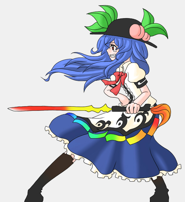 tsumidango, hinanawi tenshi, touhou, bad id, bad pixiv id, 1girl, blue hair, female focus, food, fruit, full body, grey background, hat, long hair, peach, red eyes, simple background, solo, standing, sword, sword of hisou, tears, weapon