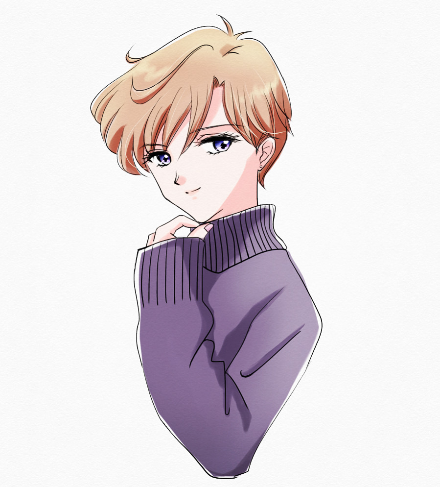 y-yazaki2406, ten'ou haruka, bishoujo senshi sailor moon, 1girl, blonde hair, blue eyes, looking at viewer, pink nails, short hair, simple background, solo, sweater, turtleneck, turtleneck sweater, white background