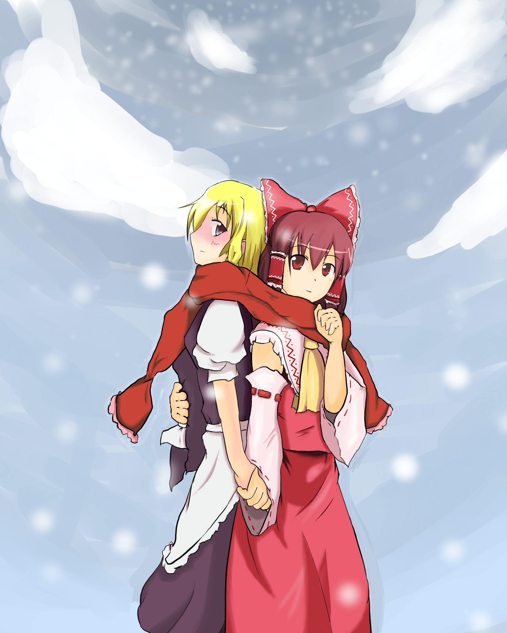 haru (sawatari), sawatari, sawatari (pixiv), hakurei reimu, kirisame marisa, perfect cherry blossom, touhou, highres, 2girls, blonde hair, female focus, holding hands, multiple girls, red scarf, scarf, shared clothes, shared scarf