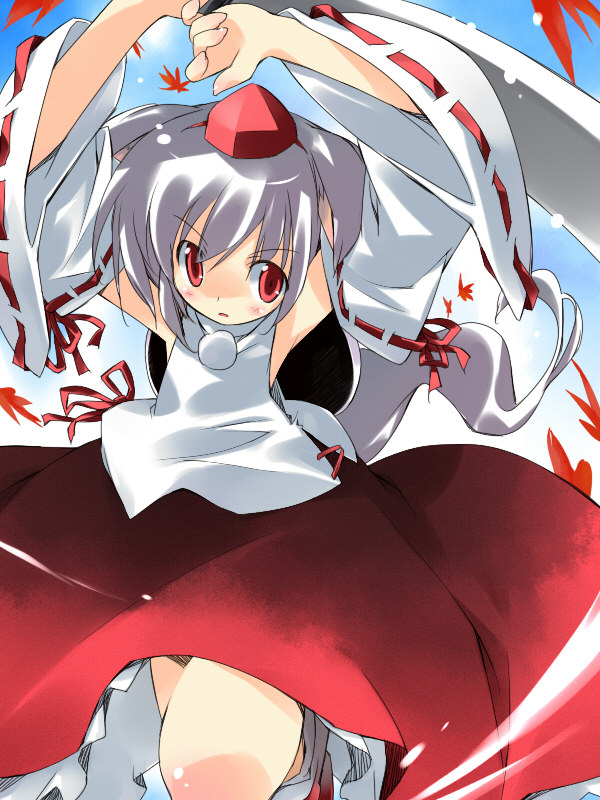 asoka, inubashiri momiji, touhou, bad id, bad pixiv id, 1girl, albino, animal ears, dog ears, female focus, long skirt, red eyes, skirt, solo, white hair, wolf ears