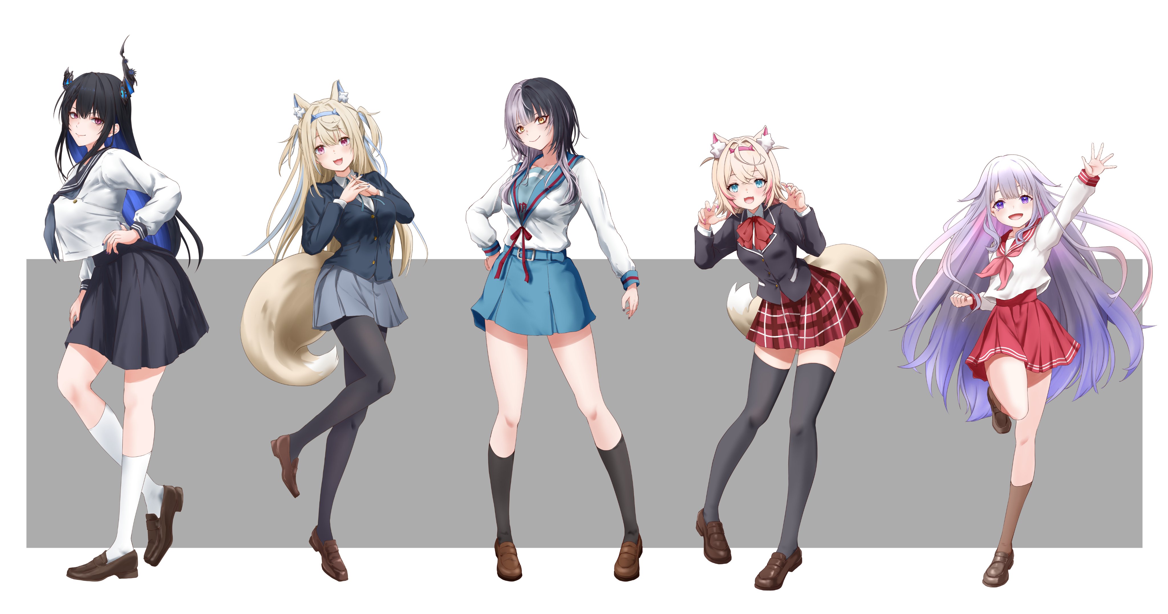 13enter, fuwawa abyssgard, koseki bijou, mococo abyssgard, nerissa ravencroft, shiori novella, chuunibyou demo koi ga shitai!, holoadvent, hololive, hololive english, hyouka, k-on!, lucky star, suzumiya haruhi no yuuutsu, absurdres, commentary, english commentary, highres, 5girls, alternate costume, animal ear fluff, animal ears, arm up, asymmetrical horns, belt, black hair, black horns, black pantyhose, black sailor collar, black skirt, black socks, black thighhighs, blazer, blonde hair, blue belt, blue eyes, blue hair, blue hairband, blue jacket, blue sailor collar, blue skirt, bow, bowtie, breasts, brown shoes, closed mouth, colored inner hair, demon horns, dog ears, dog girl, dog tail, full body, grey background, grey hair, grey skirt, hairband, hand on own hip, hands up, horns, icho private high school uniform, interlocked fingers, jacket, kamiyama high school uniform (hyouka), kita high school uniform, kneehighs, large breasts, loafers, long hair, long sleeves, looking at viewer, multicolored hair, multiple girls, neckerchief, open mouth, own hands together, pantyhose, pink eyes, pink hair, pink hairband, pink neckerchief, plaid clothes, plaid skirt, pleated skirt, purple eyes, purple hair, red bow, red bowtie, red eyes, red sailor collar, red skirt, ryouou school uniform, sailor collar, sakuragaoka high school uniform, school uniform, shirt, shirt overhang, shoes, short hair, siblings, sisters, skirt, smile, socks, split-color hair, standing, standing on one leg, streaked hair, tail, thighhighs, twins, two-tone background, two-tone hair, two side up, uneven horns, very long hair, virtual youtuber, waving, white background, white shirt, white socks, yellow eyes, zettai ryouiki