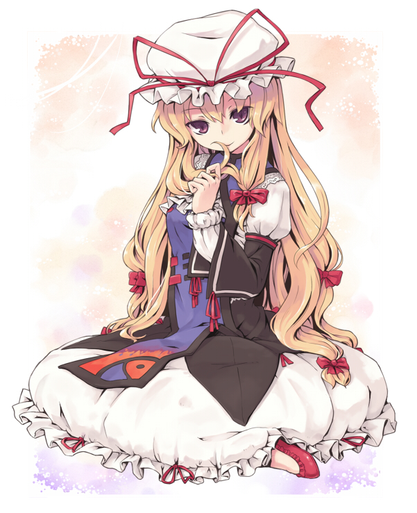 7010, yakumo yukari, touhou, 1girl, blonde hair, bow, dress, female focus, hair bow, hair ribbon, hat, long hair, multiple hair bows, purple eyes, ribbon, sitting, solo, twirling hair