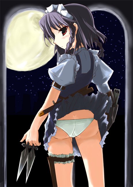 ganmo, izayoi sakuya, embodiment of scarlet devil, touhou, 1girl, ass, between fingers, braid, butt crack, female focus, holding, knife, maid, moon, panties, pantyshot, red eyes, short hair, solo, throwing knife, twin braids, underwear, weapon, white hair, white panties
