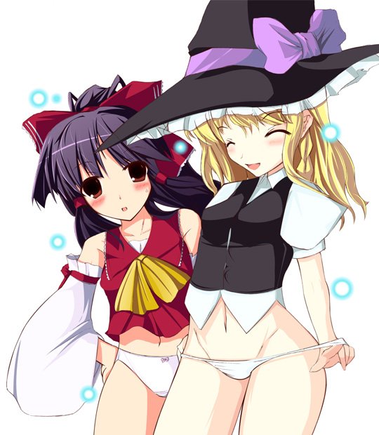 ganmo, hakurei reimu, kirisame marisa, touhou, 2girls, black hair, blonde hair, female focus, hat, multiple girls, panties, underwear, white background, witch, witch hat