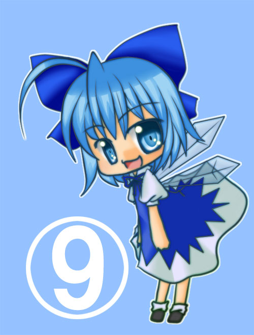 suou asuka, cirno, phantasmagoria of flower view, touhou, 1girl, chibi, circled 9, dress, female focus, full body, simple background, solo