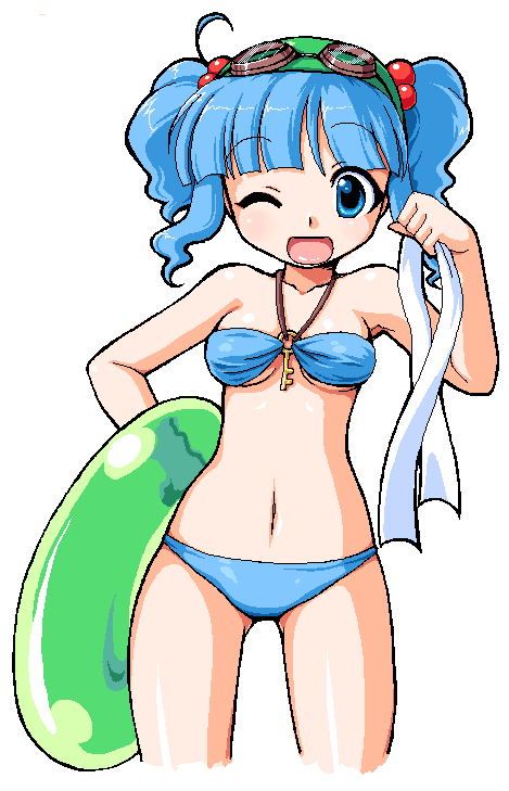 manjiduka, kawashiro nitori, touhou, bad id, bad pixiv id, 1girl, bikini, blue bikini, female focus, hair bobbles, hair ornament, innertube, one eye closed, solo, swim ring, swimsuit, twintails, wink