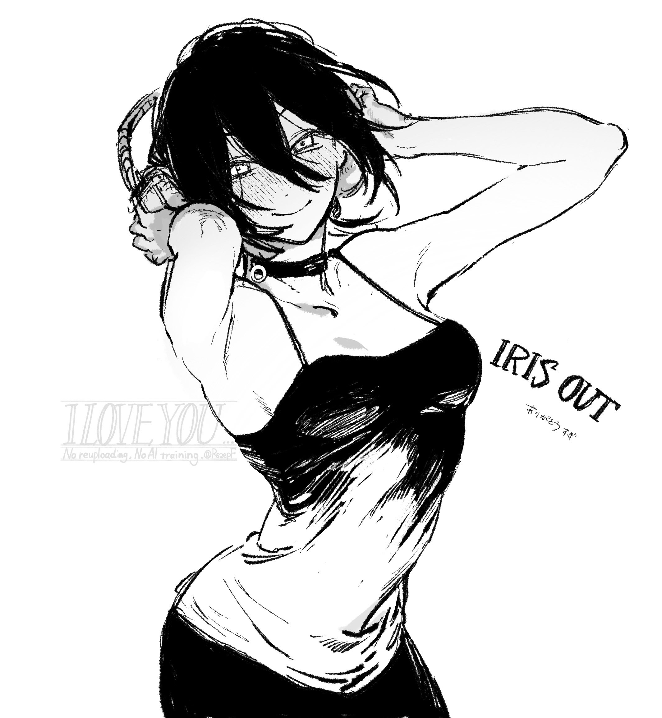 kaimochi0839, reze (chainsaw man), chainsaw man, highres, 1girl, arms up, breasts, camisole, choker, closed mouth, grenade pin, greyscale, hair between eyes, headphones, looking at viewer, monochrome, small breasts, smile, solo