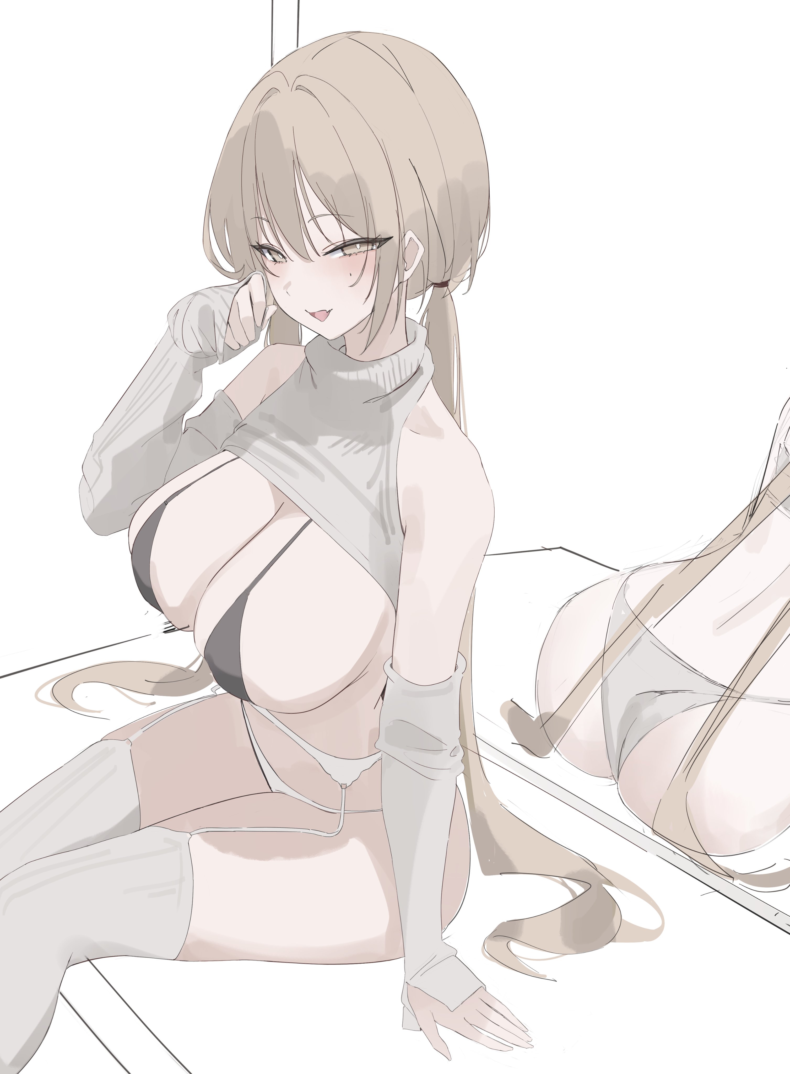 laneigu, yuzu (laneigu), original, absurdres, highres, 1girl, ass, bare shoulders, black bra, blonde hair, blush, bra, breasts, cleavage, garter belt, garter straps, large breasts, lingerie, long hair, looking at viewer, mole, mole on cheek, open mouth, panties, reflection, shrug (clothing), simple background, smile, solo, thighhighs, thighs, twintails, underwear, very long hair, white background, white panties, white shrug, white thighhighs, yellow eyes