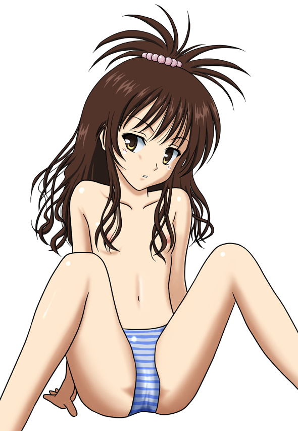 yuuki mikan, to love-ru, 00s, brown eyes, brown hair, cameltoe, flat chest, long hair, nipples, no bra, panties, ponytail, sitting, solo, striped clothes, striped panties, topless female, underwear