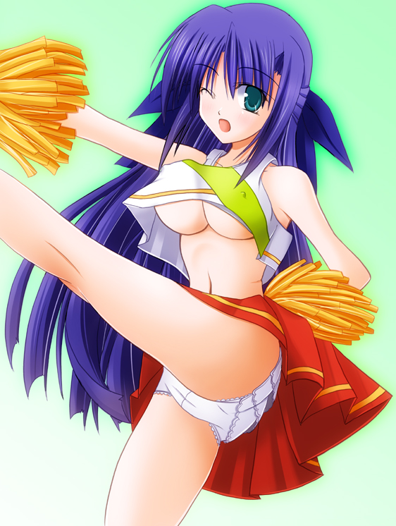 tukuyo kiriyuki, ginga nakajima, lyrical nanoha, mahou shoujo lyrical nanoha, mahou shoujo lyrical nanoha strikers, 00s, 1girl, blush, breasts, cameltoe, cheerleader, covered erect nipples, female focus, frilled panties, frills, green eyes, hair ribbon, lace, lace panties, large breasts, long hair, midriff, navel, no bra, one eye closed, open mouth, panties, pantyshot, pleated skirt, pom pom (cheerleading), purple hair, ribbon, skirt, solo, underboob, underwear, very long hair, white panties, wink