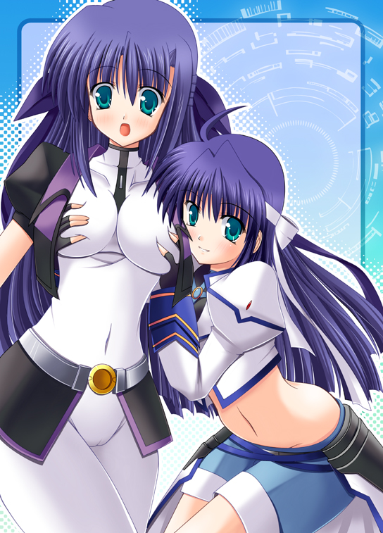 tukuyo kiriyuki, ginga nakajima, subaru nakajima, lyrical nanoha, mahou shoujo lyrical nanoha, mahou shoujo lyrical nanoha strikers, 00s, 2girls, blue eyes, blush, bodysuit, breasts, breasts squeezed together, cameltoe, cover, cover page, fingerless gloves, gloves, grabbing another's breast, groping, hair ribbon, headband, large breasts, long hair, midriff, multiple girls, purple hair, ribbon, short hair, shorts, siblings, sisters, yuri