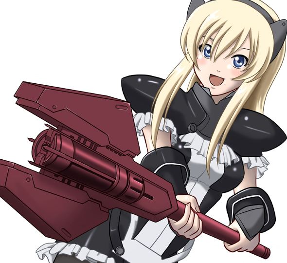 sora (aki00), fatina, druaga no tou, 1girl, blonde hair, blue eyes, female focus, pantyhose, simple background, solo, weapon, white background
