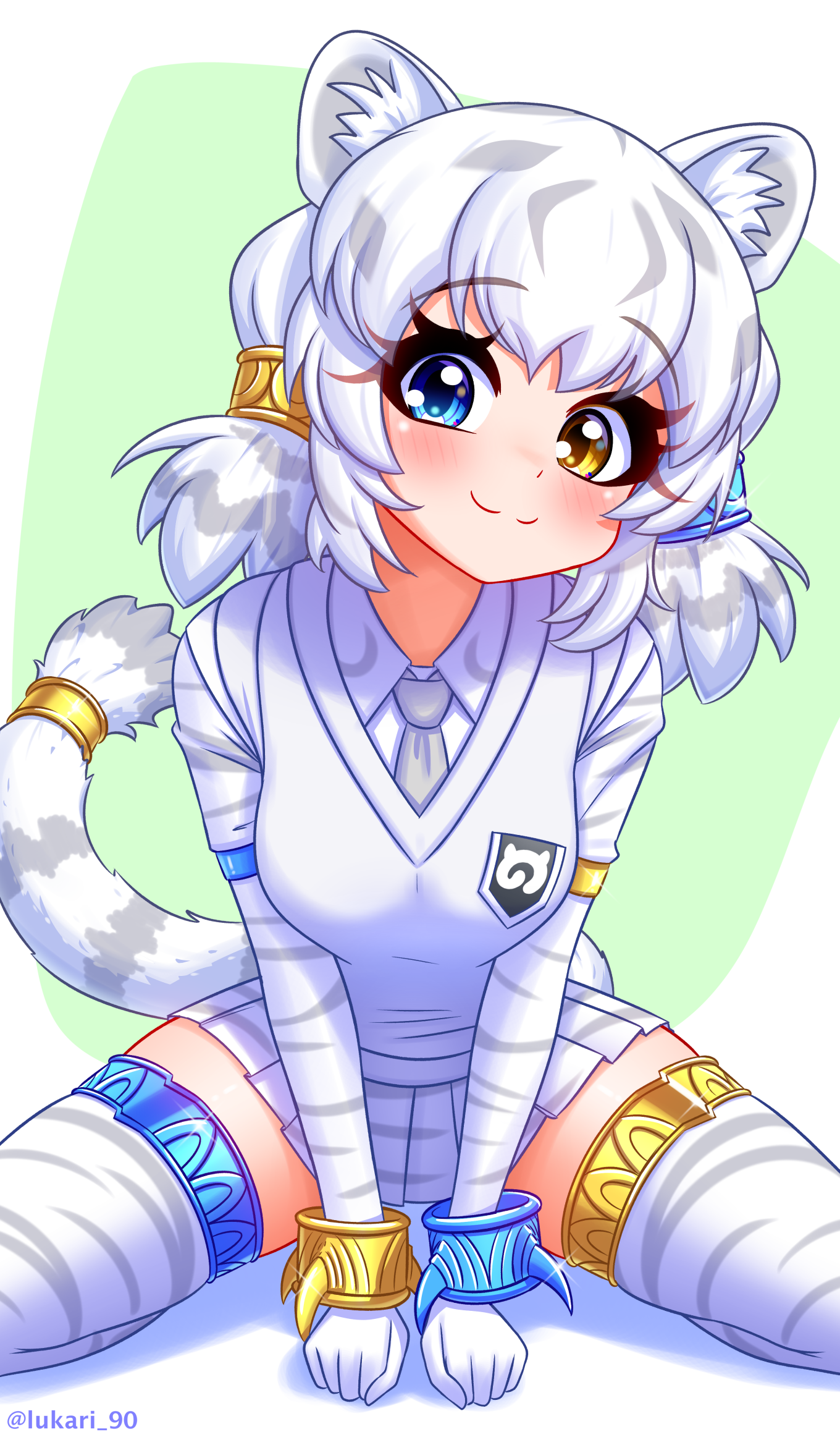 lukari, byakko (kemono friends), kemono friends, kemono friends 3, highres, 1girl, :3, animal ears, blue eyes, blush, breasts, gloves, grey hair, heterochromia, japari symbol, long sleeves, looking at viewer, medium breasts, multicolored hair, shirt, short hair, sitting, skirt, smile, solo, tail, thighhighs, tiger ears, tiger girl, tiger tail, white hair, white tiger print, yellow eyes