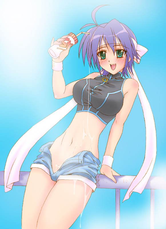 kakogawa tarou, subaru nakajima, lyrical nanoha, mahou shoujo lyrical nanoha, mahou shoujo lyrical nanoha strikers, 00s, ahoge, bare shoulders, blue eyes, blue hair, blush, drink, green eyes, headband, midriff, no panties, open clothes, open fly, open shorts, purple hair, ribbon, short hair, short shorts, shorts, solo, unbuttoned, unzipped, wet