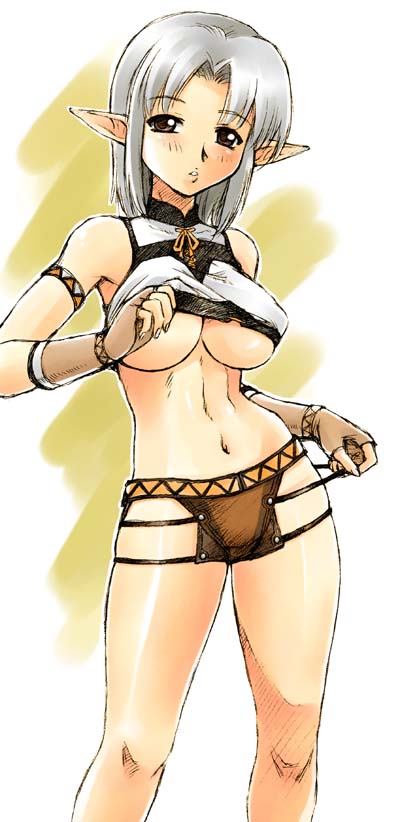 ebifly, elvaan, final fantasy, final fantasy xi, silver hair, 00s, 1girl, breasts, brown eyes, elf, female focus, fingerless gloves, gloves, large breasts, panties, pointy ears, solo, underboob, underwear