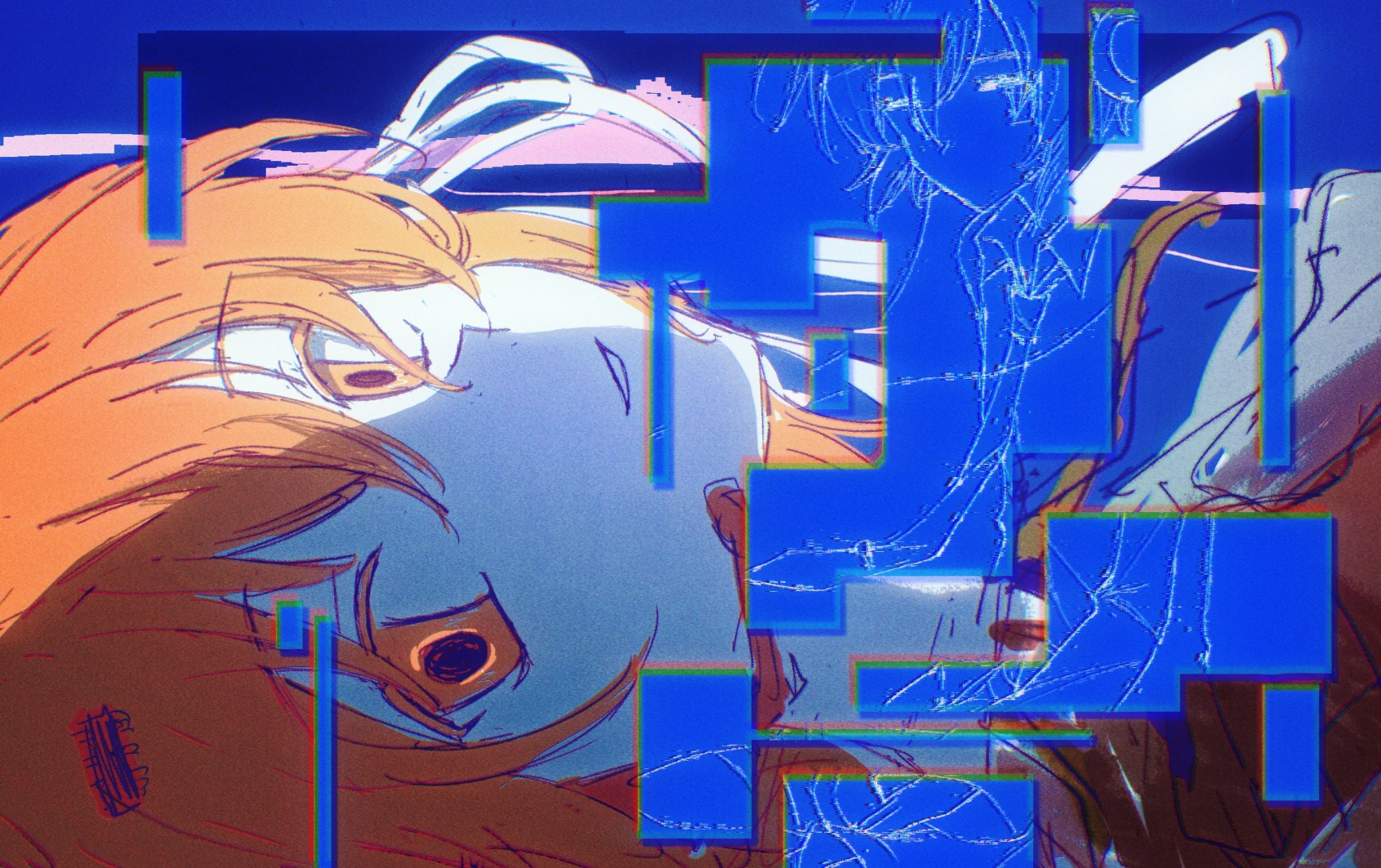 adachi rei, utane uta, a.i. voice, kikaijima (utau), utau, commentary request, highres, 2girls, abstract, blue background, collared shirt, film grain, floating hair, glitch, hands on lap, looking at viewer, looking to the side, lying, multiple girls, necktie, no sclera, on back, orange eyes, orange hair, parted lips, partially colored, portrait, quan fuurin, shirt, short hair, sitting, smirk
