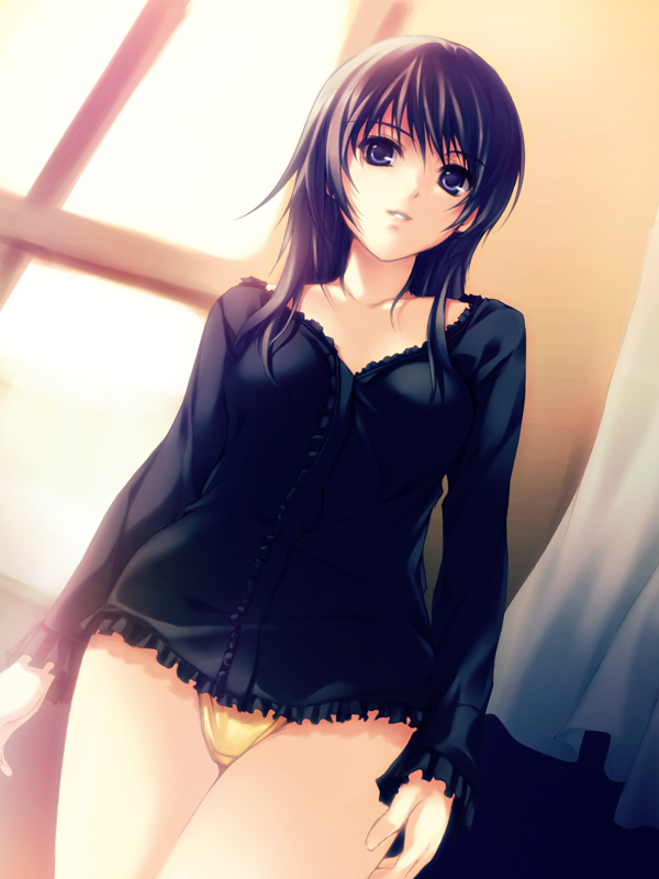 coffee-kizoku, original, 1girl, arms at sides, black shirt, blouse, blue eyes, brown hair, center frills, cowboy shot, female focus, frills, from below, indoors, long hair, no pants, one-piece swimsuit, panties, shirt, solo, swimsuit, swimsuit under clothes, underwear, v-neck, window, yellow one-piece swimsuit
