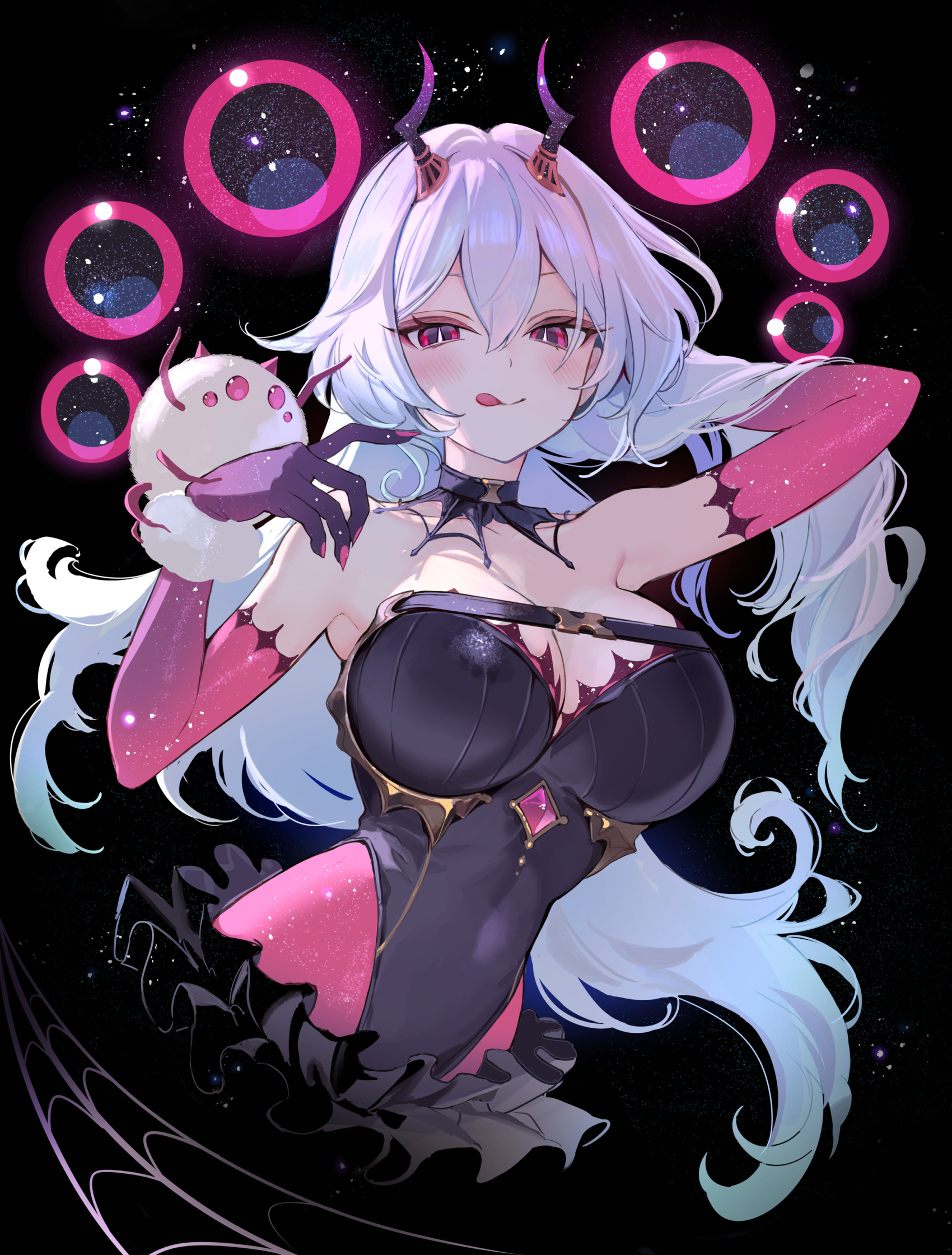 kouyafu, shadowverse, shadowverse: worlds beyond, highres, official art, 1girl, black leotard, breasts, chest strap, cleavage, closed mouth, cropped torso, demon horns, detached collar, dress, elbow gloves, fur-trimmed gloves, fur trim, gloves, hair between eyes, horns, large breasts, leotard, licking lips, long hair, pantyhose, red eyes, red gloves, red pantyhose, sham-nacha (shadowverse: worlds beyond), solo, tongue, tongue out, white hair
