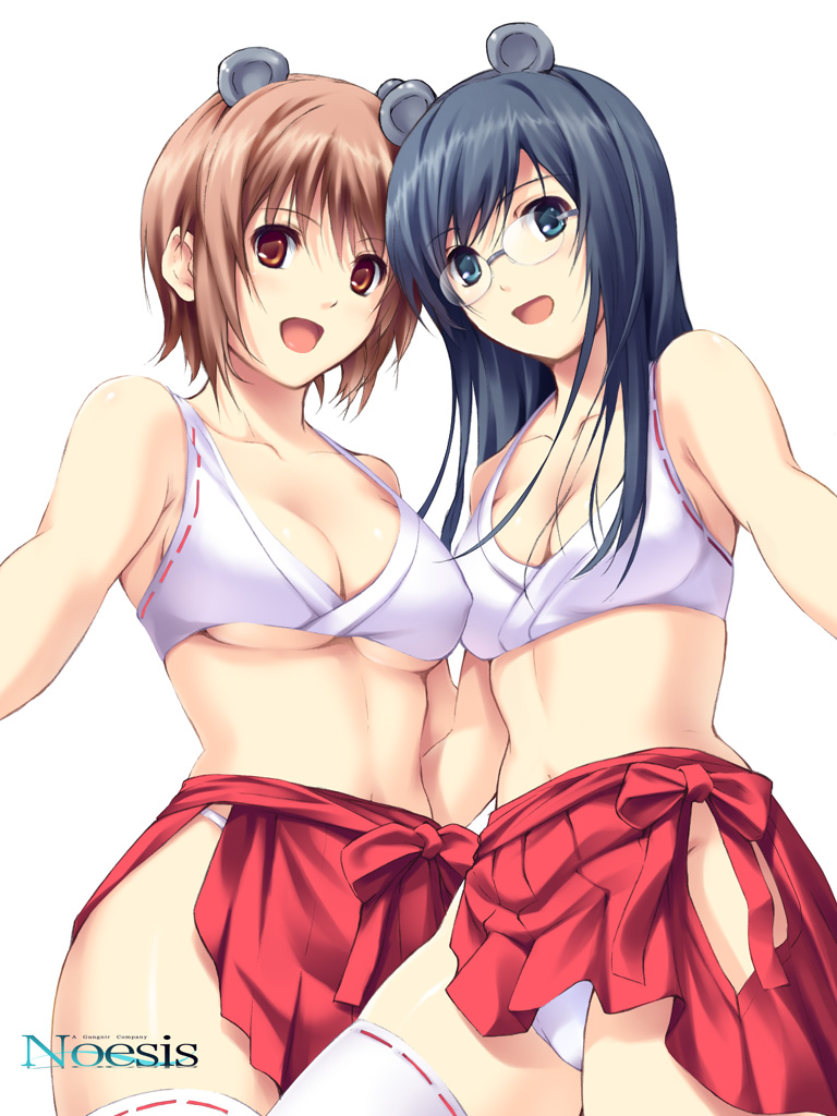 coffee-kizoku, chitose mayumi, misaki sayoko, houkago no senpai, 2girls, :d, adapted uniform, animal ears, black hair, blue eyes, blue hair, breasts, brown eyes, brown hair, cleavage, clothing cutout, company name, crop top, glasses, hakama, hakama short skirt, hakama skirt, hip vent, japanese clothes, long hair, medium breasts, miko, mouse ears, multiple girls, nontraditional miko, open mouth, panties, ribbon, ribbon-trimmed clothes, ribbon-trimmed legwear, ribbon trim, short hair, side slit, skirt, smile, underwear, white panties