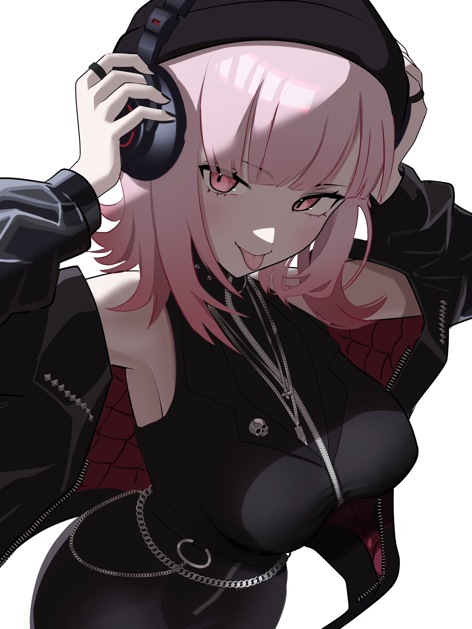 numzawa, mori calliope, mori calliope (the story thus far), hololive, hololive english, highres, 1girl, beanie, black hat, black jacket, black pants, black shirt, breasts, chain, hat, headphones, jacket, jewelry, large breasts, looking at viewer, necklace, official alternate costume, official alternate hairstyle, pants, pink eyes, pink hair, shirt, simple background, solo, tongue, tongue out, virtual youtuber, white background