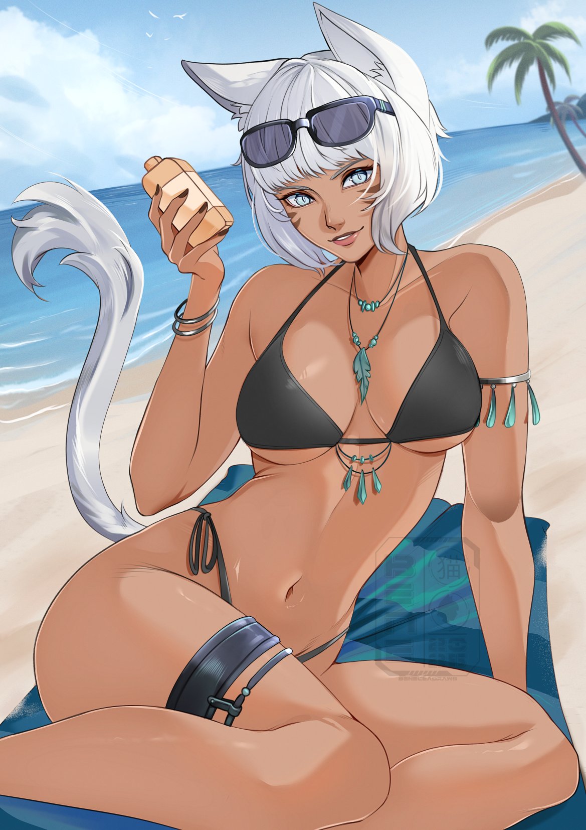 beneceadraws, y'shtola rhul, final fantasy, final fantasy xiv, commentary, highres, 1girl, alternate costume, animal ears, beach, bikini, black bikini, blue sky, breasts, brown nails, cat ears, cat tail, cleavage, dark-skinned female, dark skin, eyewear on head, facial mark, fingernails, grey eyes, grin, holding, jewelry, lips, medium breasts, miqo'te, navel, necklace, ocean, outdoors, parted lips, sand, short hair, sitting, sky, smile, solo, stomach, sunglasses, swimsuit, tail, water, white hair