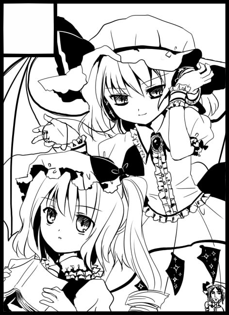 torii sumi, flandre scarlet, remilia scarlet, touhou, 3girls, circle cut, female focus, greyscale, hat, monochrome, multiple girls, siblings, sisters, white background