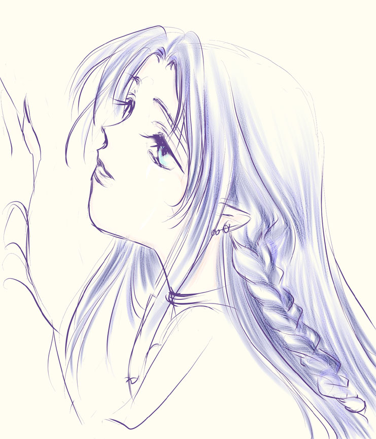 piron, tennoji mei, medea (caster) (fate), medea (fate), fate/stay night, fate (series), 00s, 1girl, blue eyes, blue hair, braid, female focus, monochrome, pointy ears, sketch, solo, spot color