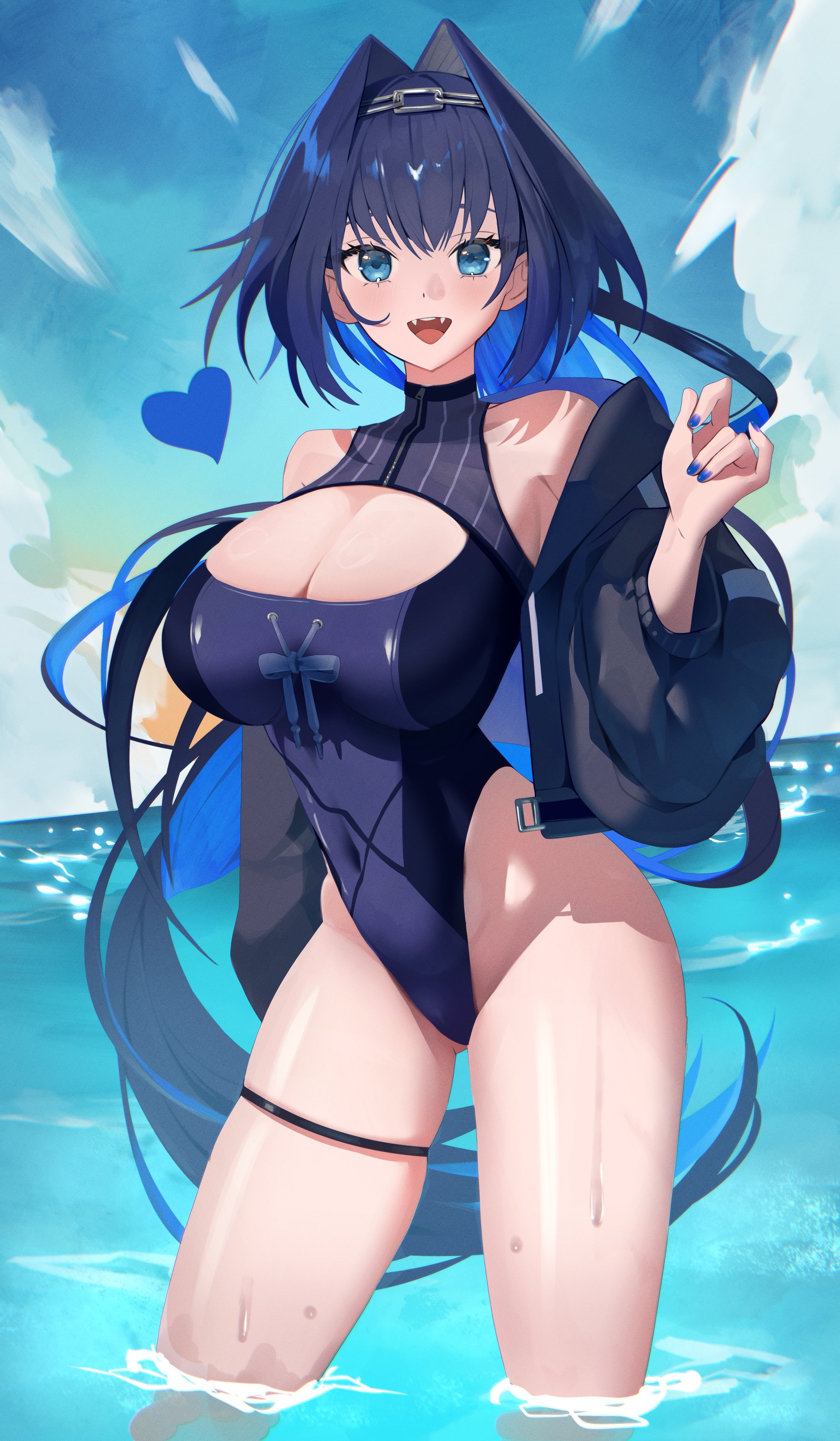 ouro kronii, ouro kronii (holonatsu paradise), hololive, hololive english, absurdres, highres, 1girl, blue eyes, blue hair, blue nails, blue one-piece swimsuit, breasts, chain, chain headband, cleavage, cleavage cutout, clothing cutout, day, fangs, hair intakes, heart, highleg, highleg one-piece swimsuit, large breasts, long hair, looking at viewer, ocean, official alternate costume, official alternate hairstyle, one-piece swimsuit, open mouth, outdoors, solo, swimsuit, thigh strap, virtual youtuber, wading, wet, zen1zen3