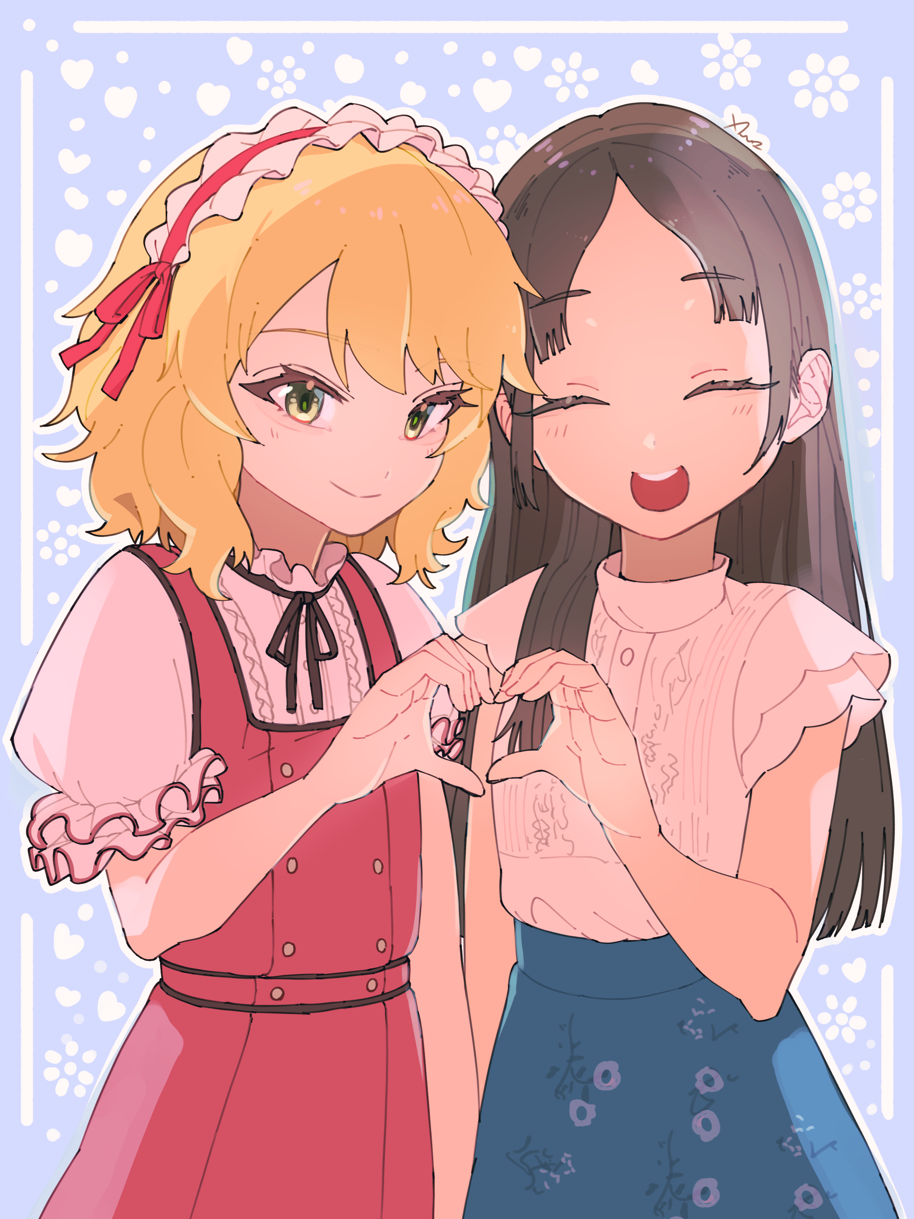 atari (eurf8445), kuramoto china, sakurai momoka, gakuen idolmaster, idolmaster, idolmaster cinderella girls, absurdres, commentary request, highres, 2girls, ^ ^, aqua skirt, black ribbon, blonde hair, blush, brown hair, buttons, center frills, closed eyes, double-breasted, dress, facing viewer, floral print, frilled hairband, frills, green eyes, hairband, heart, heart hands, heart hands duo, in-franchise crossover, layered sleeves, looking at viewer, multiple girls, neck ribbon, outline, parted bangs, pinafore dress, puffy short sleeves, puffy sleeves, red dress, ribbon, shirt, shirt tucked in, short sleeves, signature, skirt, sleeveless, sleeveless dress, smile, straight hair, teeth, upper teeth only, white outline, white shirt