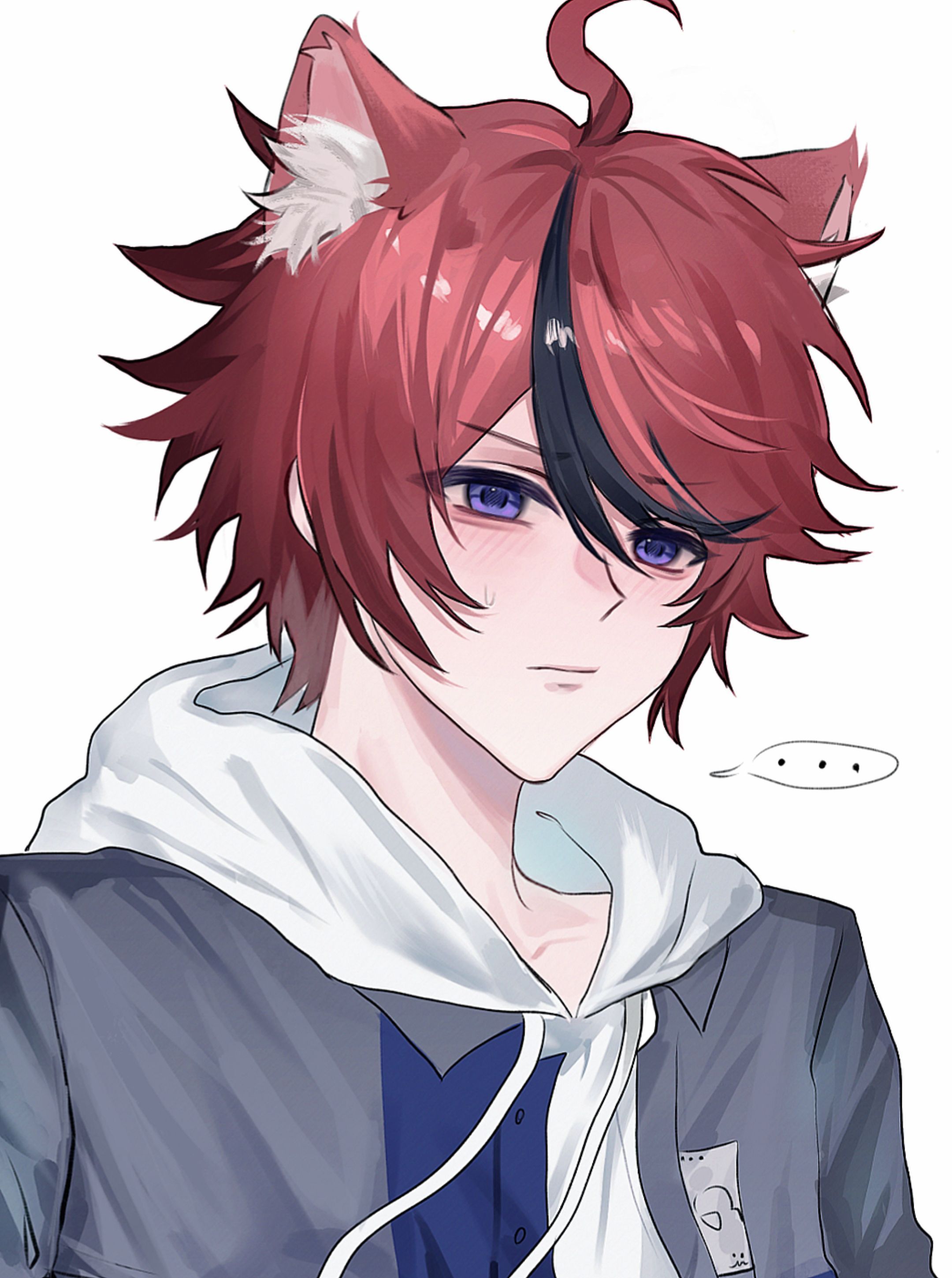 sumino takumi, the hundred line -last defense academy-, absurdres, chinese commentary, commentary request, highres, …, 1boy, ahoge, animal ear fluff, animal ears, black hair, blue eyes, blush, cat ears, closed mouth, drawstring, eyes visible through hair, grey jacket, hair between eyes, hao xiang chi musi dangao, hood, hood down, hoodie, jacket, jacket over hoodie, kemonomimi mode, male focus, multicolored hair, open clothes, open jacket, red hair, short hair, simple background, solo, speech bubble, spoken ellipsis, streaked hair, sweat, two-tone hair, upper body, white background, white hoodie