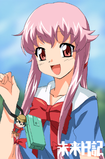 yn (rakugaki log), gasai yuno, mirai nikki, 1girl, female focus, long hair, pink hair, red eyes, school uniform, serafuku, solo, yandere