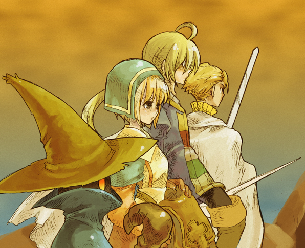 fujitsuna, hujitsuna, black mage (fft), black mage (final fantasy), chemist (fft), knight (fft), ramza beoulve, final fantasy, final fantasy tactics, black mage, bad id, bad pixiv id, 1girl, 3boys, blonde hair, hat, multiple boys, sword, weapon, witch hat, wizard hat
