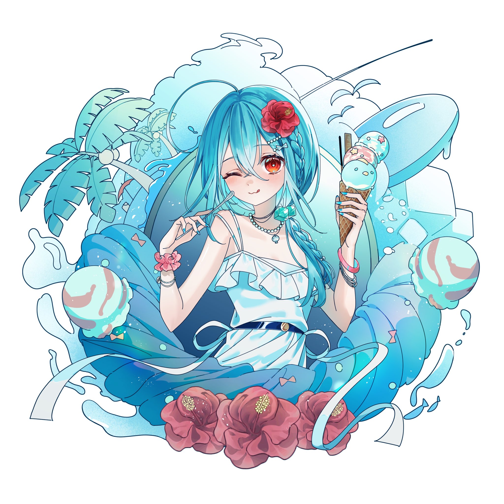 murumuru (pixiv51689952), original, commentary request, highres, 1girl, ;q, ahoge, armpit crease, bare arms, bare shoulders, bead necklace, beads, belt, blue belt, blue hair, blue nails, bracelet, braid, coconut tree, crossed bangs, cube hair ornament, double-parted bangs, dress, fingernails, flower, food, frilled dress, frills, hair between eyes, hair flower, hair ornament, hair over shoulder, hairclip, hands up, head tilt, hibiscus, holding, holding ice cream cone, holding spoon, ice cream, ice cream cone, ice cream spoon, jewelry, long fingernails, long hair, looking at viewer, multiple bracelets, multiple scoops, nail polish, necklace, one eye closed, palm tree, pink scrunchie, raised eyebrow, red eyes, red flower, ribbon, scrunchie, shell, shell necklace, side braid, simple background, simple bird, single braid, sleeveless, sleeveless dress, solo, spaghetti strap, spoon, tongue, tongue out, tree, turning head, upper body, waffle cone, white background, white dress, white ribbon, wrist scrunchie