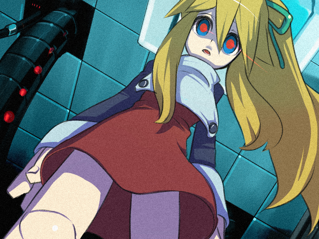 fujitsuna, hujitsuna, roll (mega man), capcom, mega man (classic), mega man (series), bad id, bad pixiv id, 1girl, blonde hair, crazy eyes, doll joints, female focus, film grain, joints, ponytail, red skirt, skirt, solo