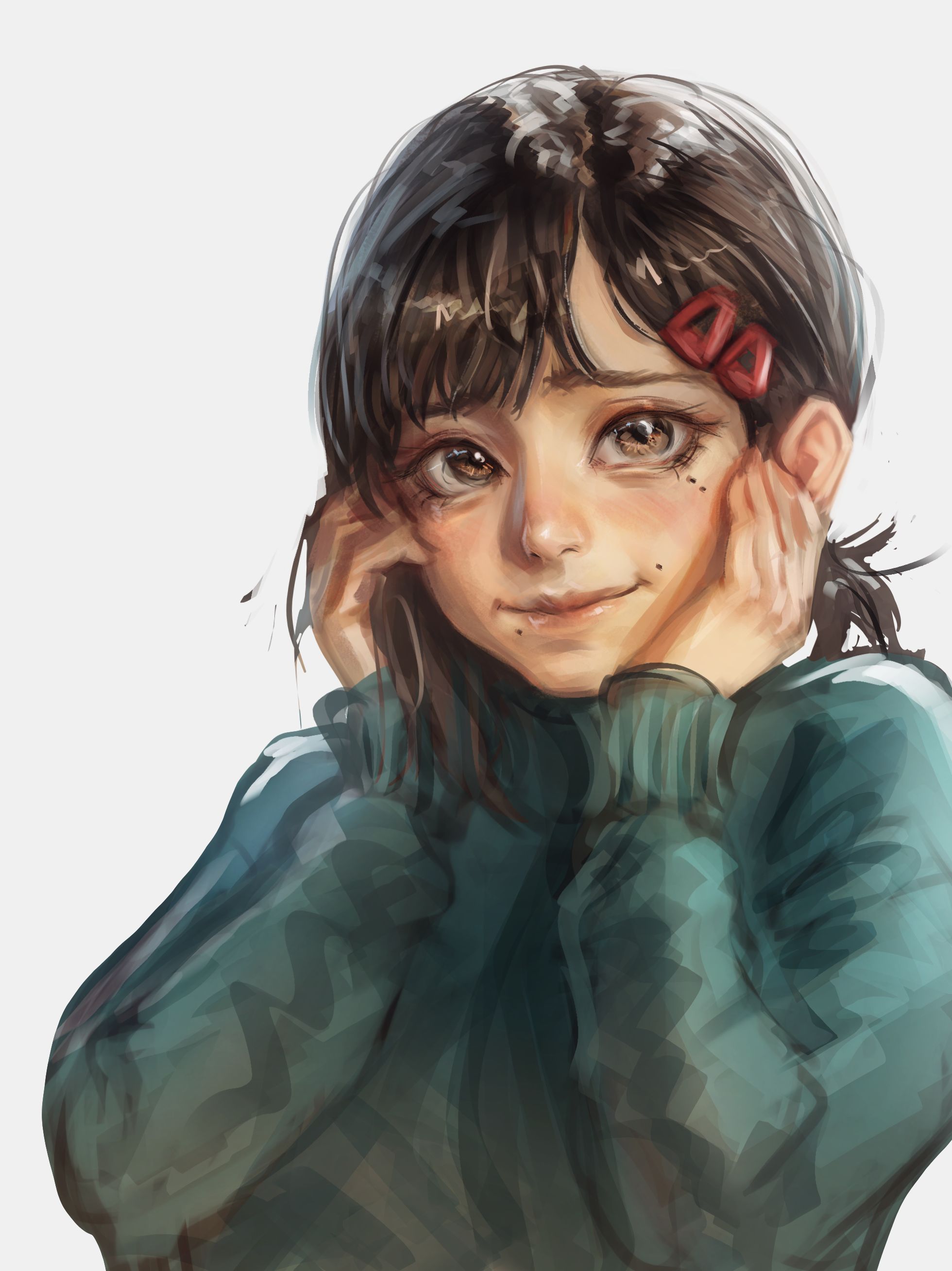 idaero ace, higashiyama kobeni, chainsaw man, absurdres, highres, 1girl, blue sweater, brown eyes, brown hair, closed mouth, grey background, hair ornament, hairclip, hands on own face, looking at viewer, mole, mole under eye, mole under mouth, multiple moles, simple background, solo, sweater