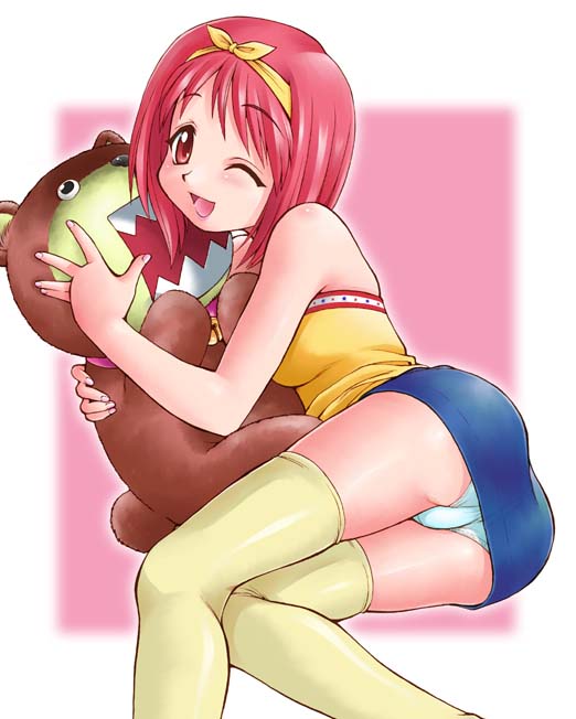 ebifly, kamigishi akari, to heart, to heart (series), 1girl, bow, female focus, hair ribbon, one eye closed, panties, pantyshot, red eyes, red hair, ribbon, smile, solo, stuffed animal, stuffed toy, teddy bear, thighhighs, underwear, upskirt, wink, yellow bow, zettai ryouiki