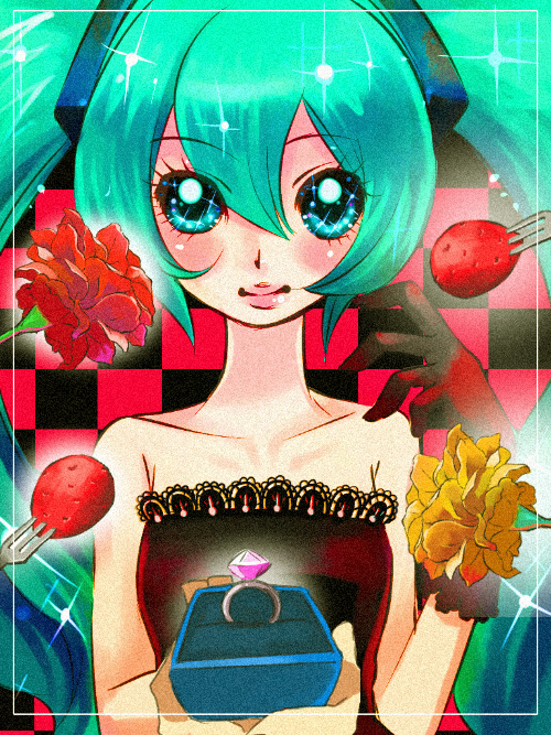 fujitsuna, hujitsuna, hatsune miku, vocaloid, bad id, bad pixiv id, dress, flower, food, fruit, green eyes, green hair, jewelry, ring, strawberry