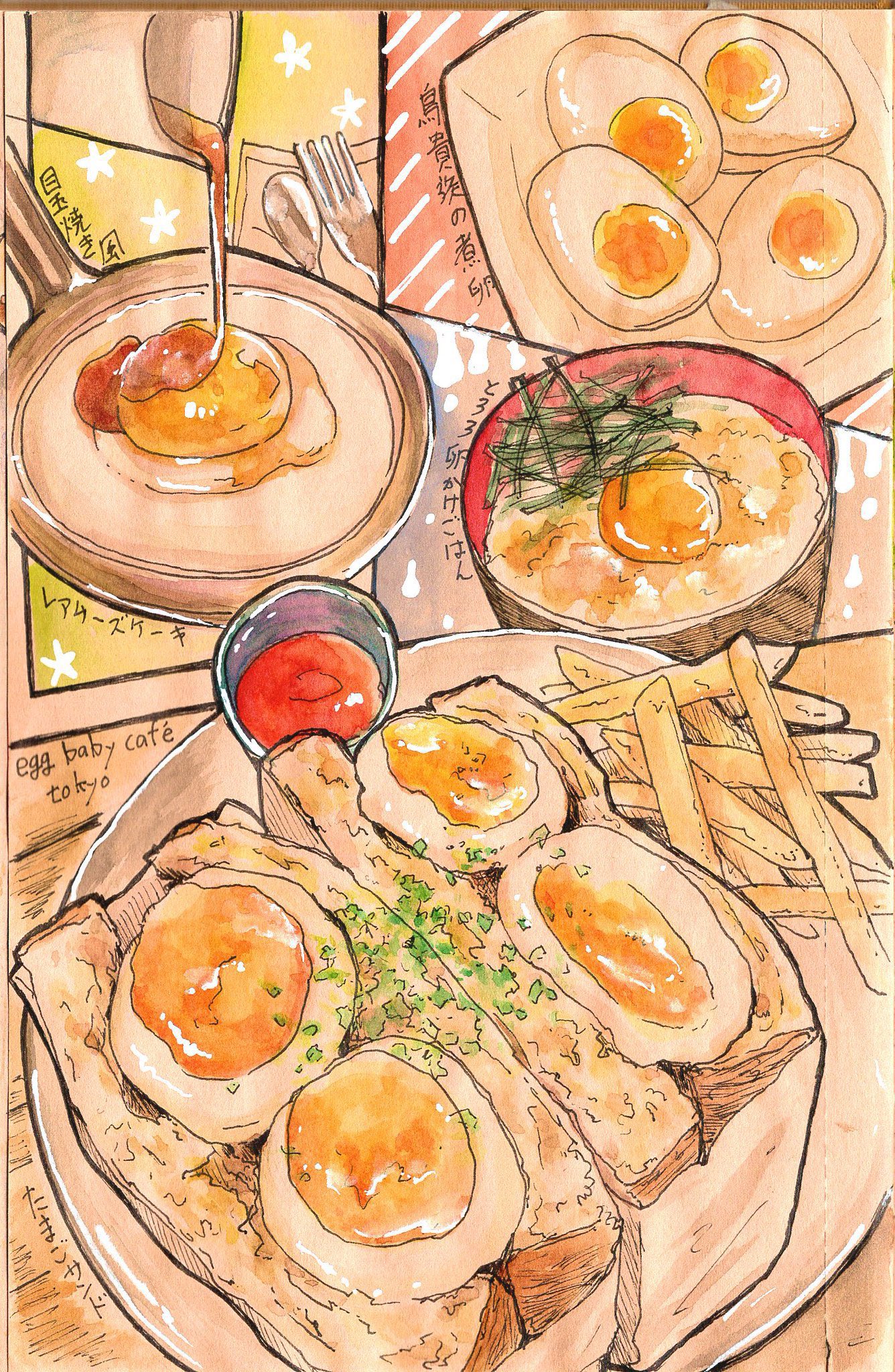 takisou sou, original, commentary request, highres, bread, egg (food), egg yolk, food, food focus, fork, french fries, fried egg, frying pan, ketchup, no humans, pouring, sandwich, softboiled egg, spoon, syrup