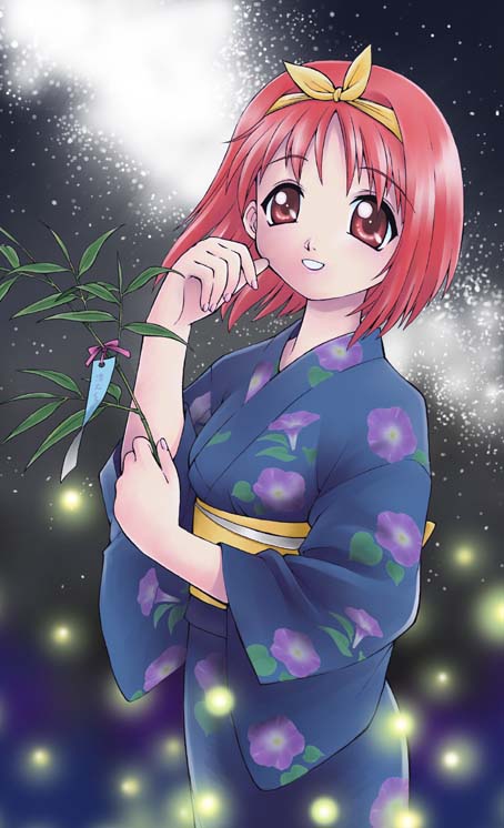 ebifly, kamigishi akari, to heart, to heart (series), 1girl, blue kimono, bow, female focus, hair ribbon, japanese clothes, kimono, red eyes, red hair, ribbon, solo, tanabata, tanzaku, yellow bow, yukata