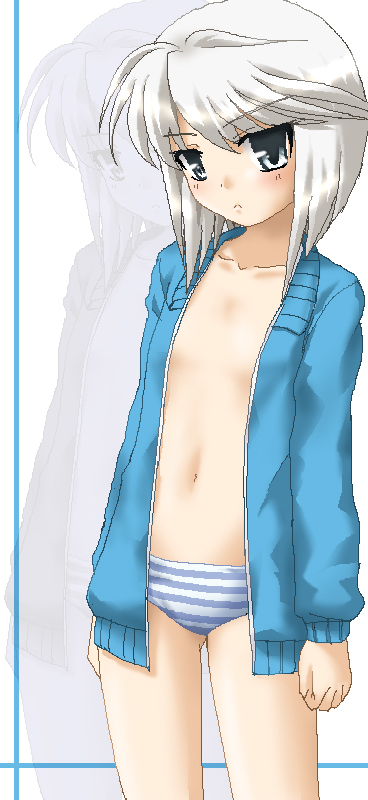 ezomori nozomu, kanokon, 00s, blush, flat chest, panties, short hair, solo, underwear, white hair